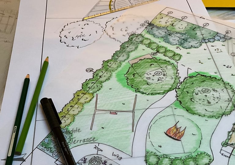 Ausschnitt aus einem kolorierten Gartenplan, darauf noch ein paar Zeichenstifte