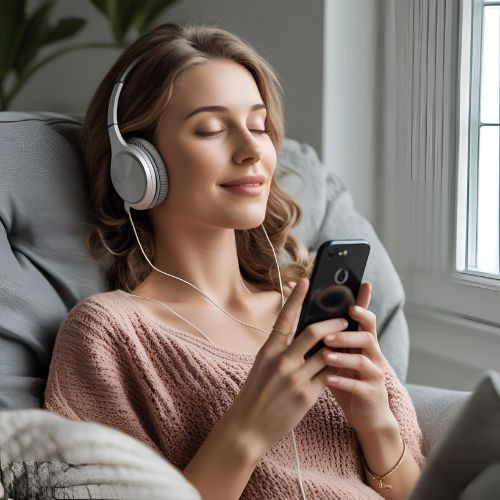 Listening to calming MP3 therapy on phone