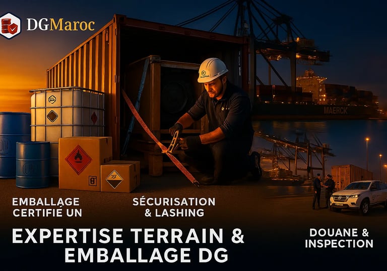 Expertise DG Maroc : sécurisation, lashing et emballage certifié UN pour matières dangereuses