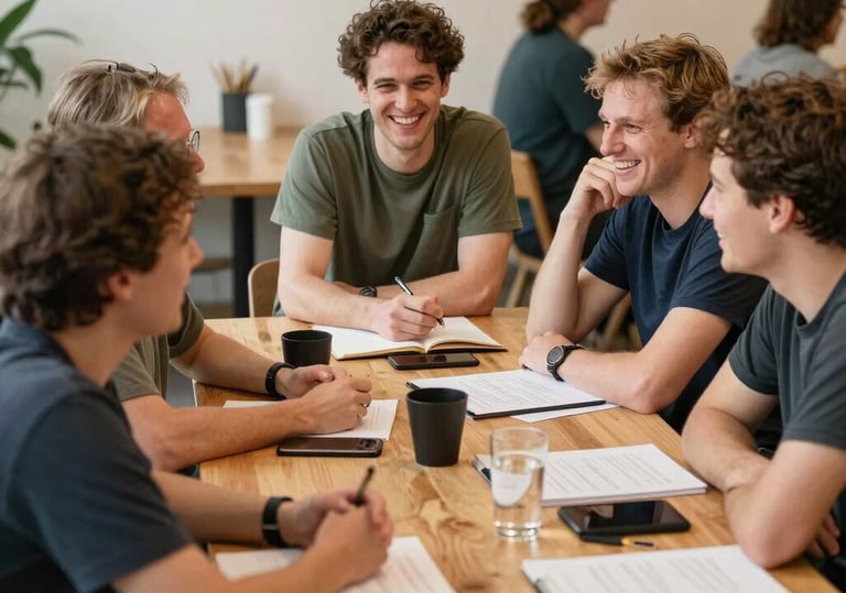 Photography of a brainstorming session with colorful post-it notes on a glass wall, blurry background showing a warm Dutch office interior, medium green and deep gold accents.