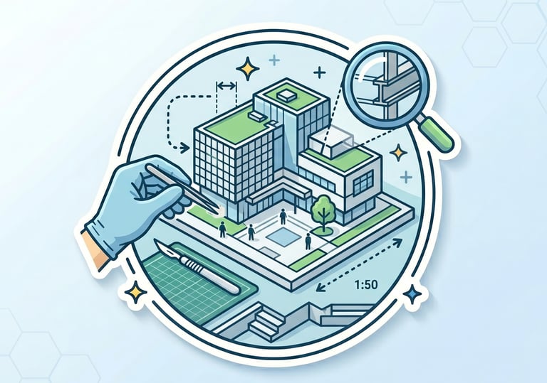 A detailed 3D architectural model illustration showing precision building design with a magnifying glass and tweezers.