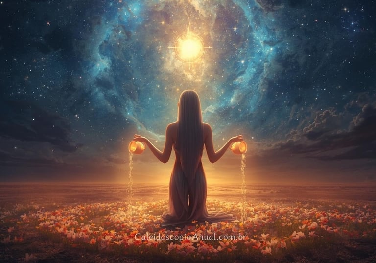 Bela mulher sob um magnífico céu estrelado, derramando água brilhante de dois jarros celestiais