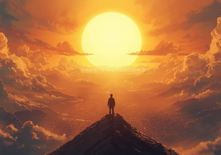 Um homem em pé no topo de uma montanha com um pôr do Sol