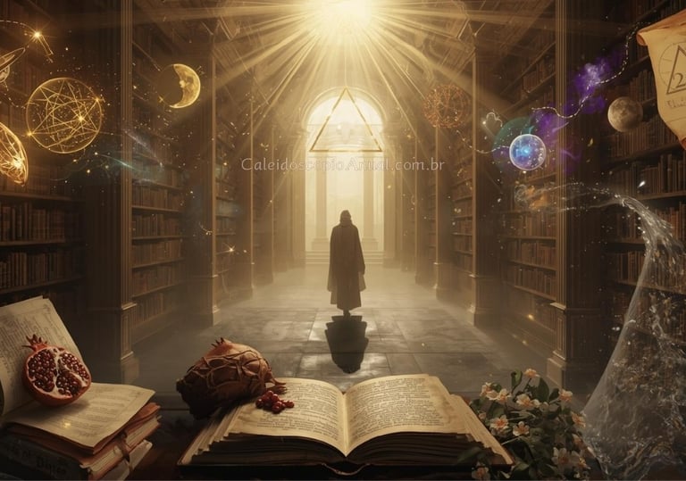 Biblioteca mística com figura em portal luminoso, símbolos astrológicos e romã - 18 de janeiro