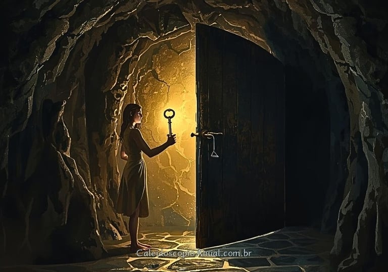 Pessoa em uma caverna percebendo que a chave que segura revela que as paredes são falsas.