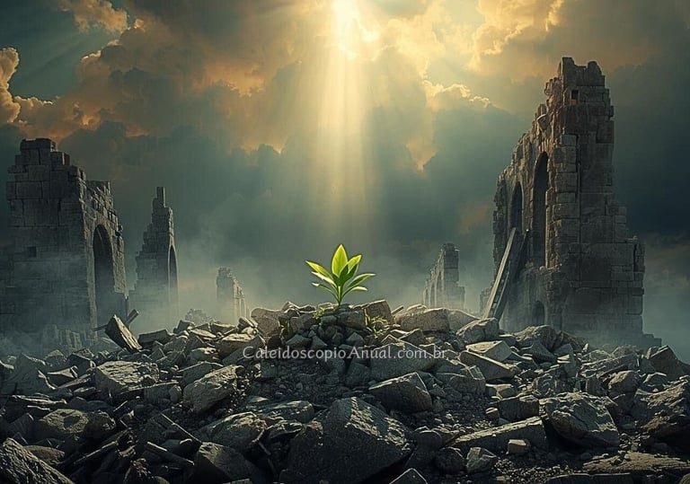 Broto verde crescendo em meio às ruínas de uma torre desmoronada após a tempestade.