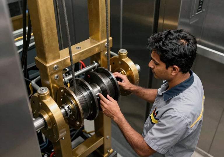 A high-angle professional photograph of a maintenance technician in a clean corporate uniform inspecting elevator hoist cables and pulleys. The setting is a modern mechanical room in a South Asian city building. Lighting is crisp and clean, highlighting gold and black industrial components to match a premium corporate aesthetic.