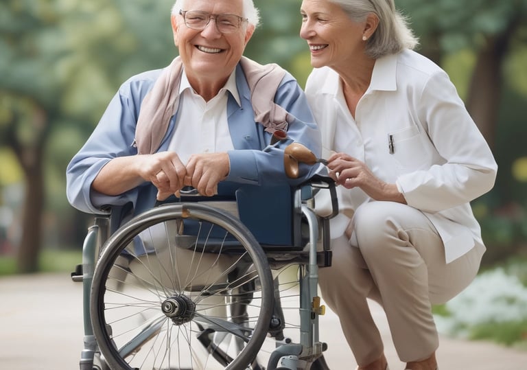 a man and woman in wheelchairs in a park