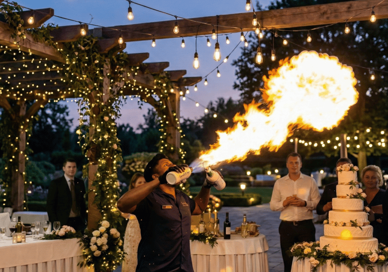 Professional flair bartender performing a fire show at an outdoor evening wedding reception.