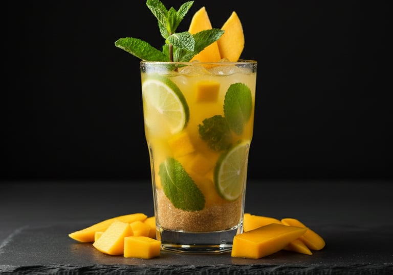 Refreshing mango mojito cocktail with fresh mint, lime slices, and fruit chunks on a dark slate background.