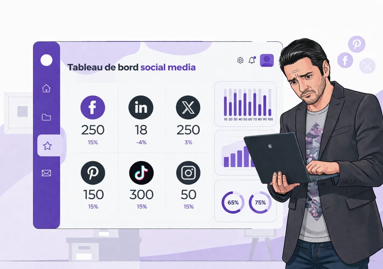 Illustration tableau de bord de statistiques social media avec un professionnel et son ordinateur