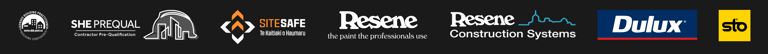 A group of different logos on a black background. including Resene, Dulux, SiteSafe, LBP.