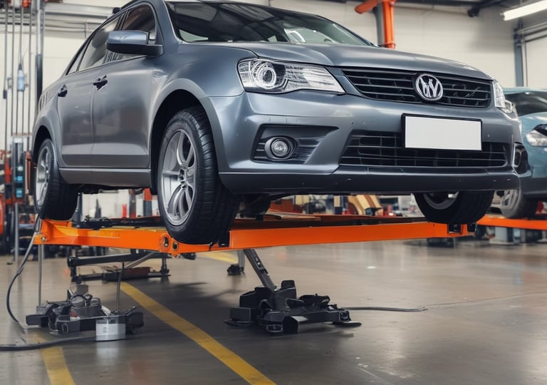 Several racing tires are placed on a concrete floor, with one large tire in the foreground. A person is kneeling and working on a tire, while another person stands nearby wearing green gloves. The background shows a garage environment with tools and equipment.