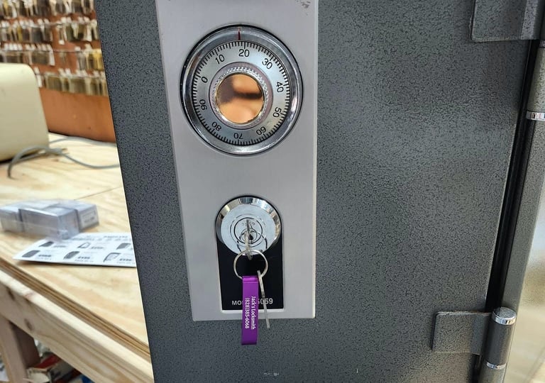 A grey safe with a purple key representing local locksmith services weaverville, NC