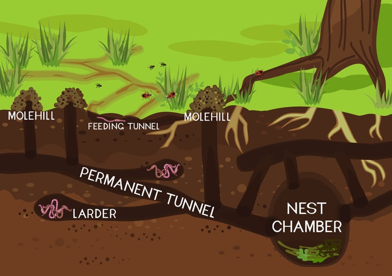 digital artwork of an underground mole tunnel system, including larder food storage and nest chambers