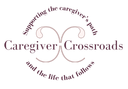 mauve logo: Caregiver Crossroads, 2 stems crossing, "Supporting the caregiver's path - and the life that follows" encircling