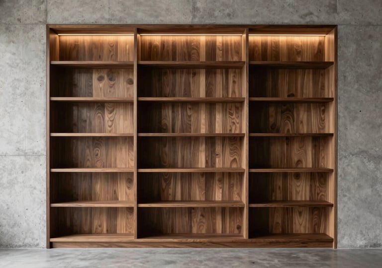 Straight-on architectural elevation of a custom floor-to-ceiling walnut library integrated into a raw concrete wall, warm LED strip lighting recessed into the shelves.