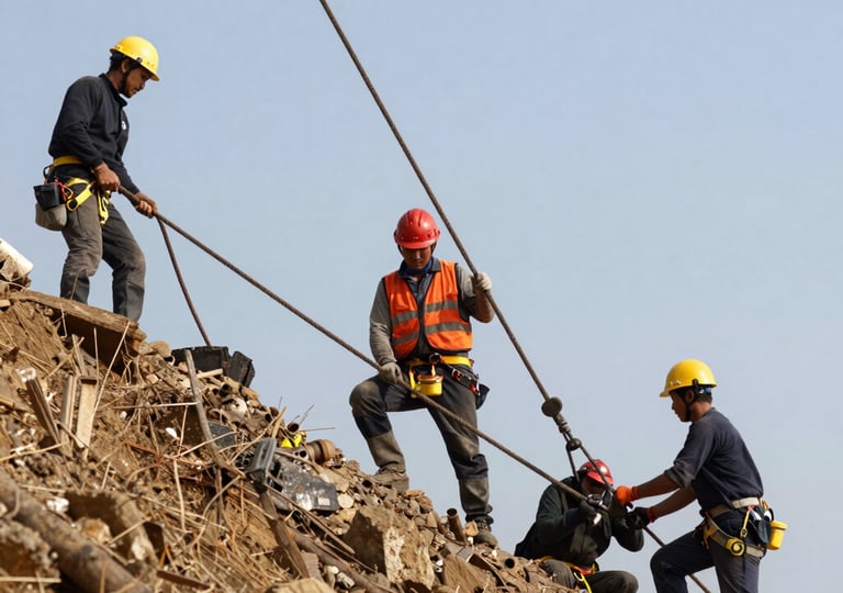 Technicians performing maintenance on mining equipment high above ground level with safety harnesses.