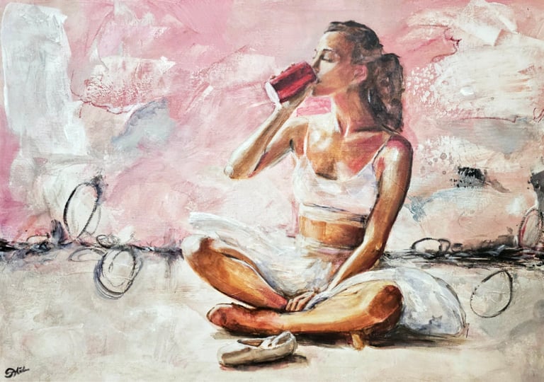 a painting of a ballerina drinking a drink