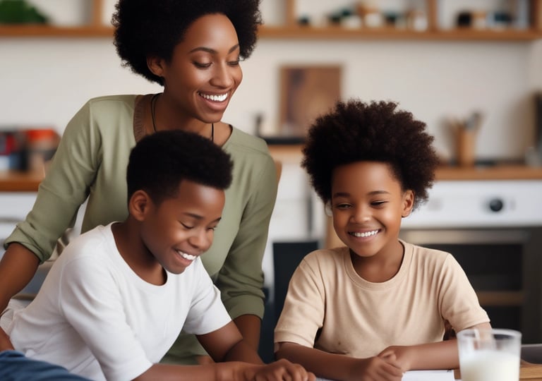 A family happily budgeting together at home.