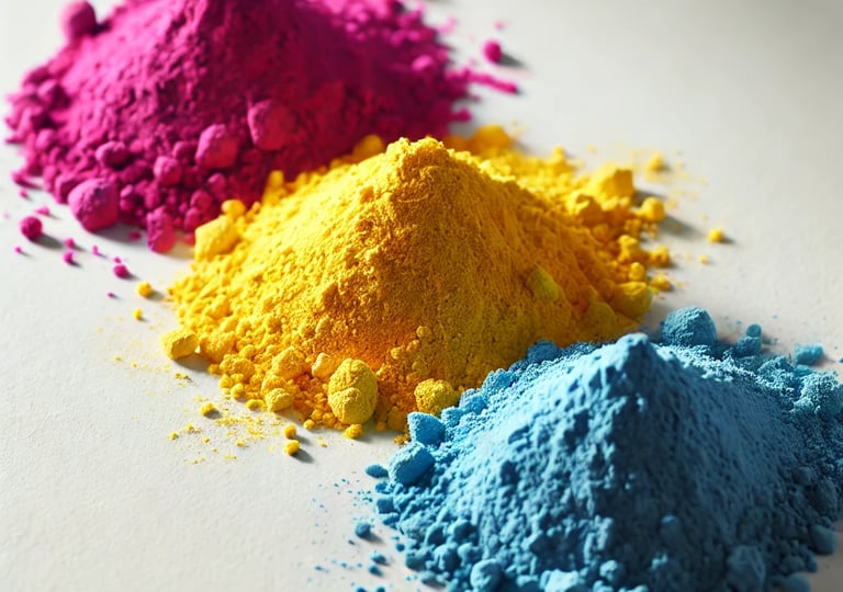 Pigmento rosa, amarillo y azul acomodados de forma atractiva y visual. Son pigmentos para plasticos.