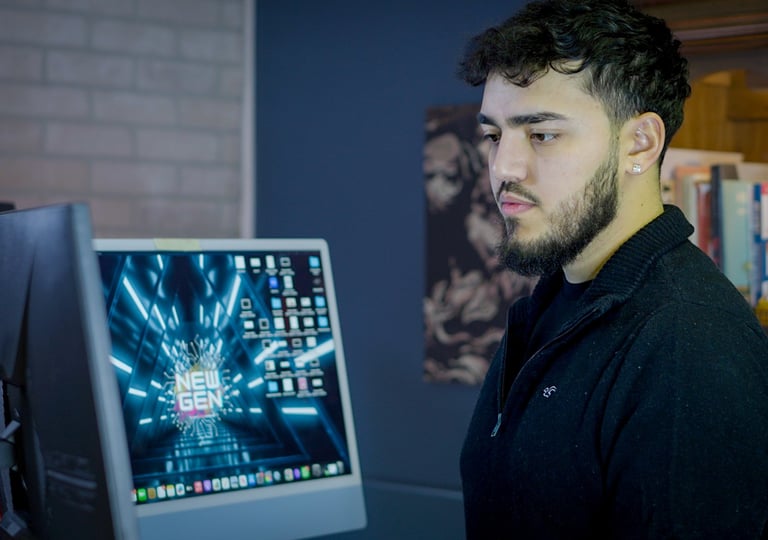 a man in a black shirt is looking at a computer screen