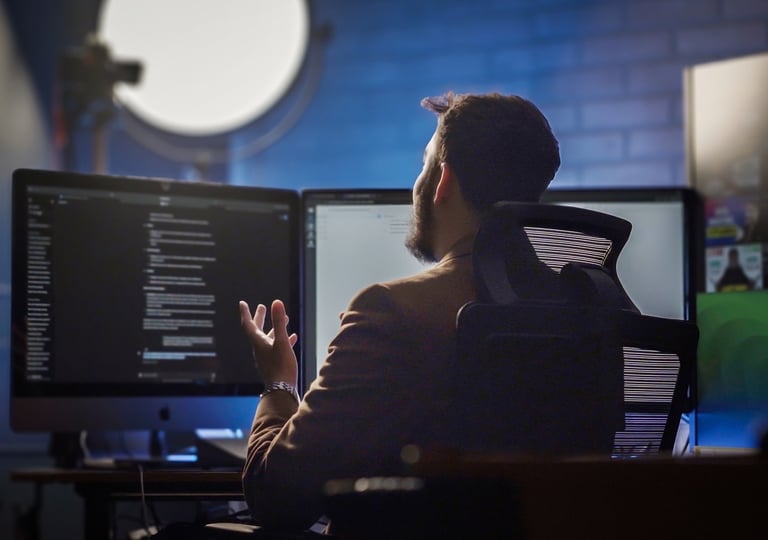 Zues Ordaz sitting at desk with two monitors