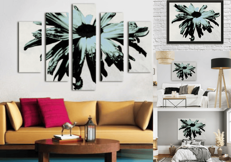 Canvas prints with an abstract daisy flower hang on a livingroom and bedroom wall.d