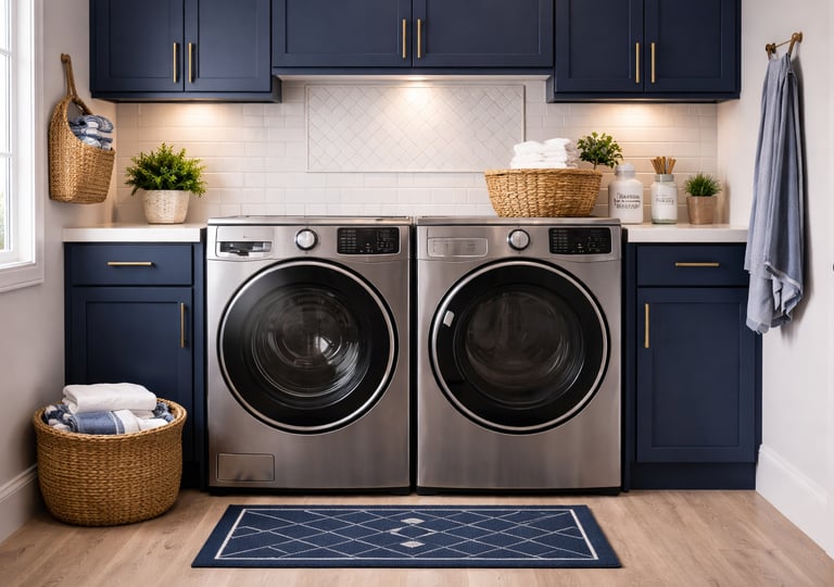 Blue laundry room with side by side stainless washer and dryer and white counters