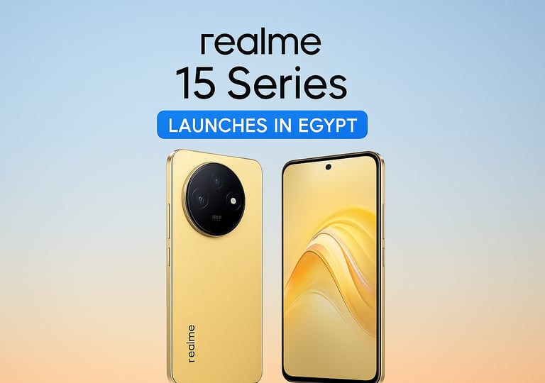 "realme 15 Series launch in Egypt showcasing two smartphones with 50MP cameras and AI technology."