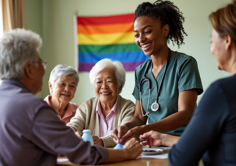 A personal support worker interacting with a group of diverse seniors with a rainbow flag.