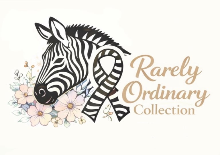 Zebra head outline with zebra printed ribbon and flowers with ROC text to the right