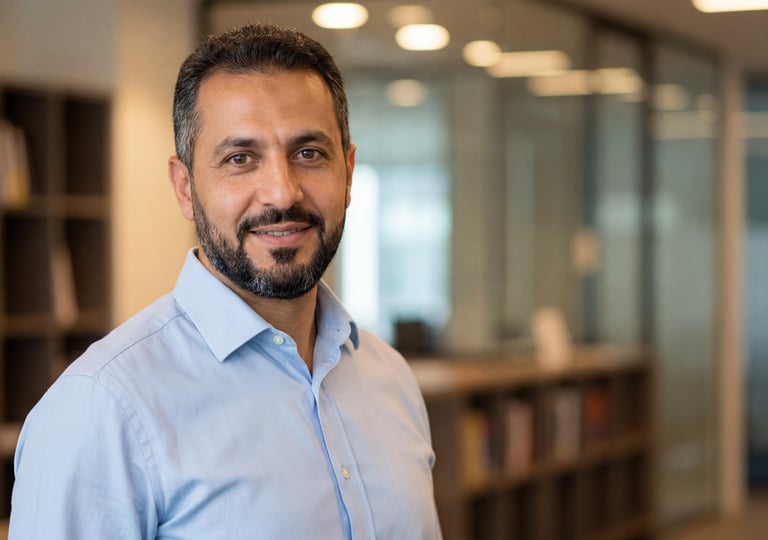 A smiling bearded businessman in a light blue button-down shirt standing in a modern office.