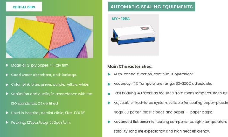 Disposable colorful dental bibs and automatic sealing equipment for medical sterilization.