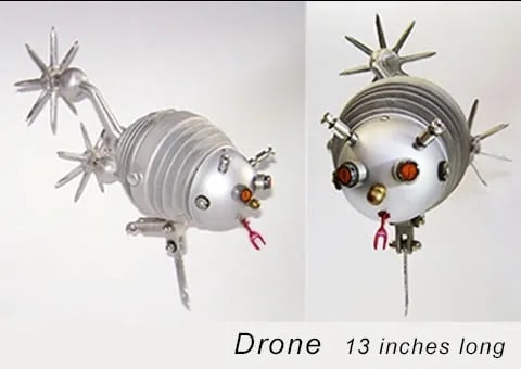 Two views of a flying metal fantasy creature created by artist Tal Avitzur.