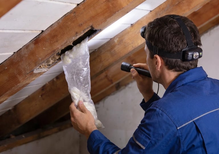 Mouse control expert inspecting gap in loft.