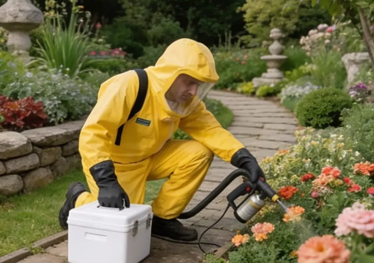 Pest control expert removing a wasp nest in Spalding garden