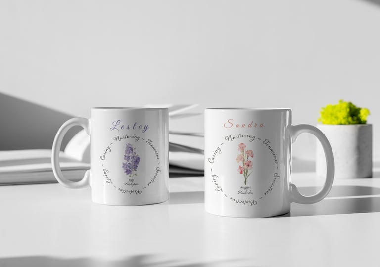 July and August birth flower mugs with personality traits