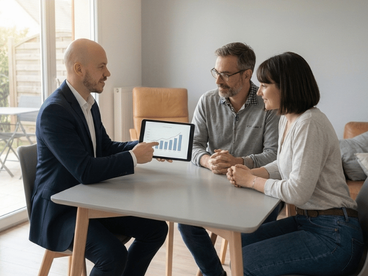 Conseiller immobilier présentant une estimation immobilière à des propriétaires à Élancourt