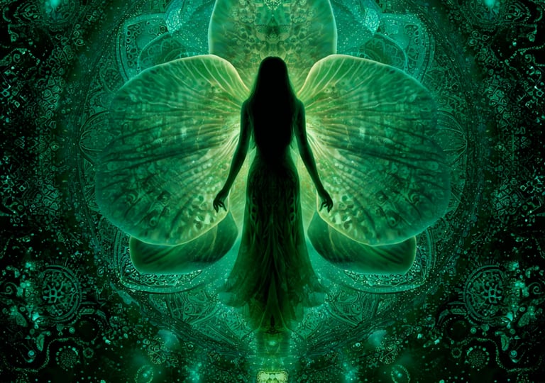 femme papillon vert émeraude, comme la couleur de guérison énergétique