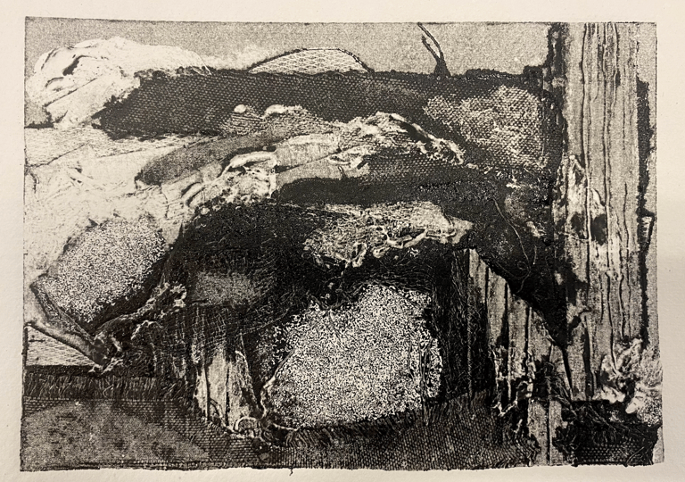 Printed image. Black ink. Print has textures created from canvas, thread, cardboard and sandpaper. 
