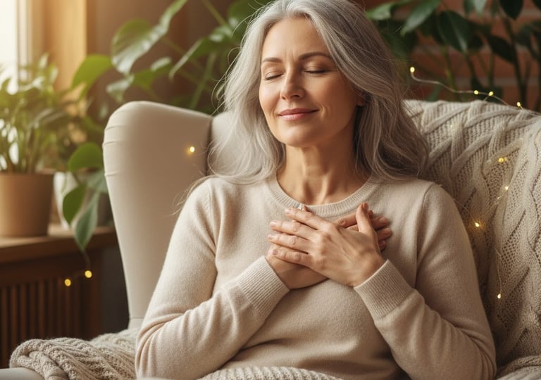 Illustration of gray-haired woman holding chest in relief, symbolizing Coimbra Protocol safety.