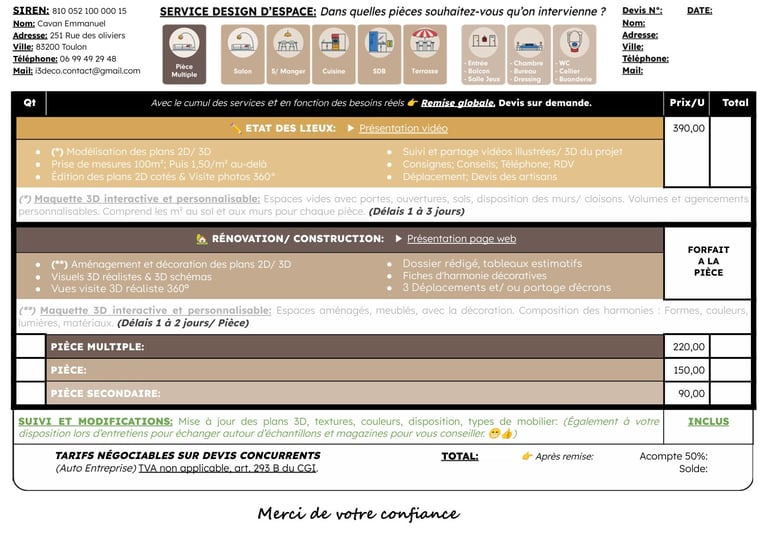 Les tarifs du service de design d'espace de l'agence i3deco, Cavan Emmanuel à Toulon, région Varoise (83)