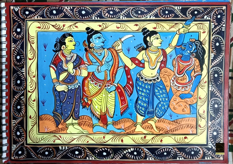 pattachitra art of hindu scripture ramayana in which lord rama brother is cutting suphanakha's nose