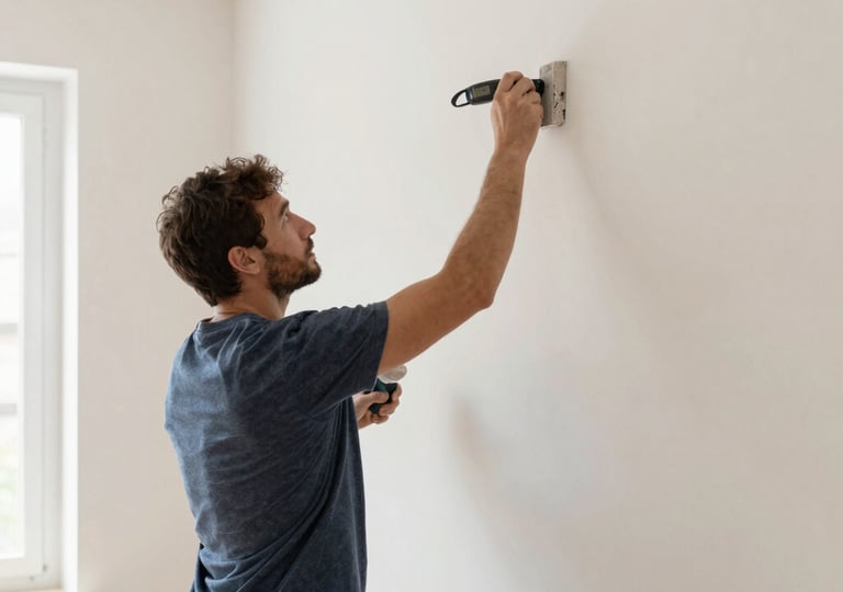 Painter carefully applying white paint to an apartment wall in a bright living room.