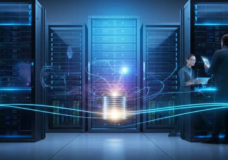 An advanced IT setup by Verve Phoenix with redundant servers and a load balancer in the center. 