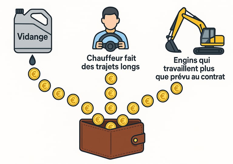Portefeuille recevant des pièces venant d’une vidange, d’un chauffeur en trajets longs et d’un engin