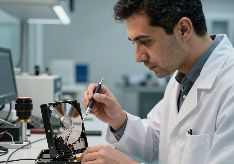 A professional technician wearing a white lab coat in a cleanroom environment, carefully inspecting an open hard drive with specialized tools. The lighting is modern with soft navy and white tones. Middle Eastern / Turkish professional setting.