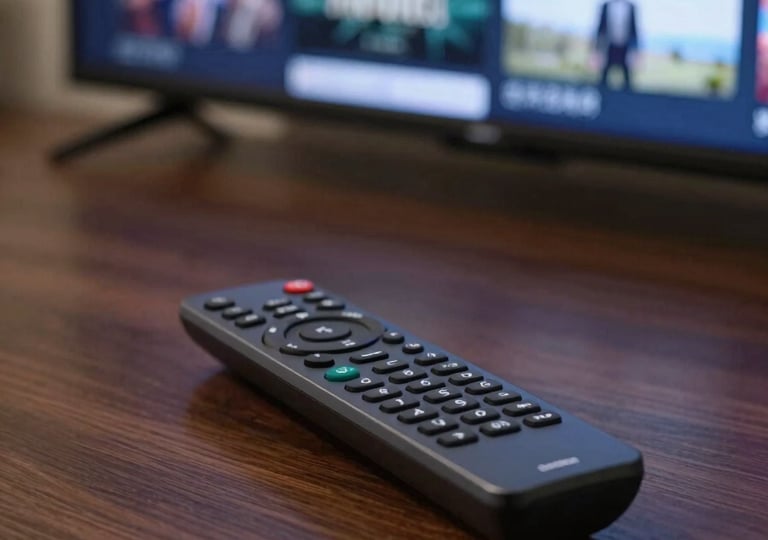 A close-up of a sleek, modern television remote resting on a polished dark wood table, with a glowing screen in the background showing a menu of global movies, elegant and sophisticated atmosphere.