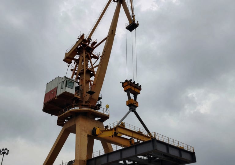 Low-angle heroic shot of a massive crawler crane lifting steel structures at an Indonesian port, dramatic overcast sky, high-contrast industrial lighting